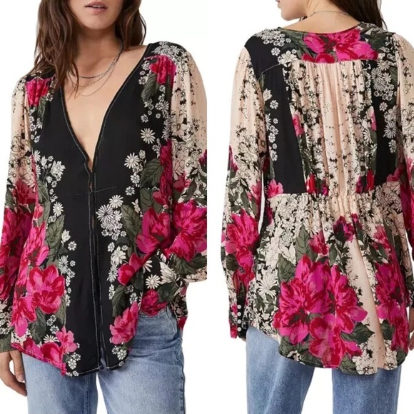 Free People Mikayla Floral Tunic Top Sz S Boho Chic Bloomcore Festival Feminine - Picture 2 of 11